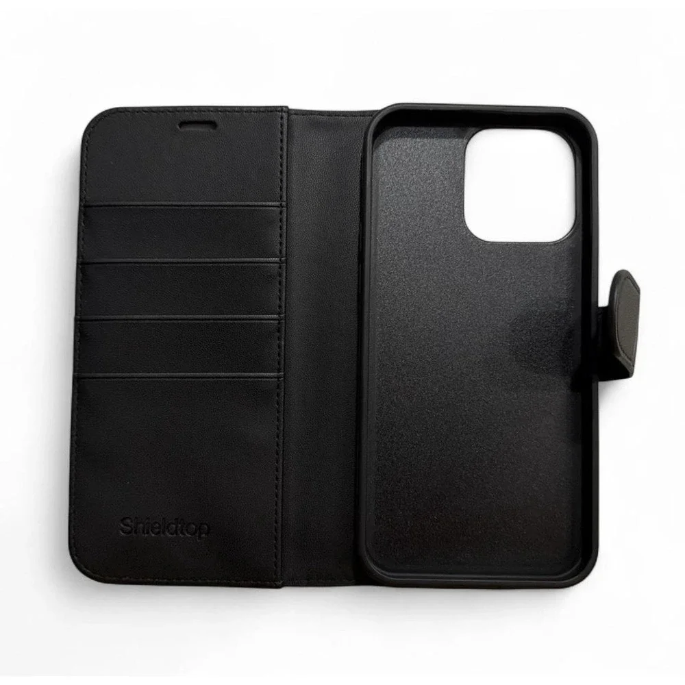 Shieldtop Leather Wallet Case for iPhone 14 Pro Max Black Magnetic Card Pocket